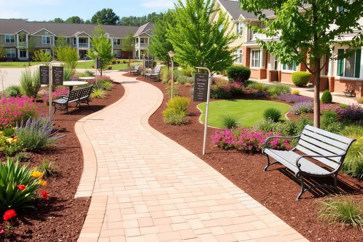 Jardim acessível com bancos e caminhos