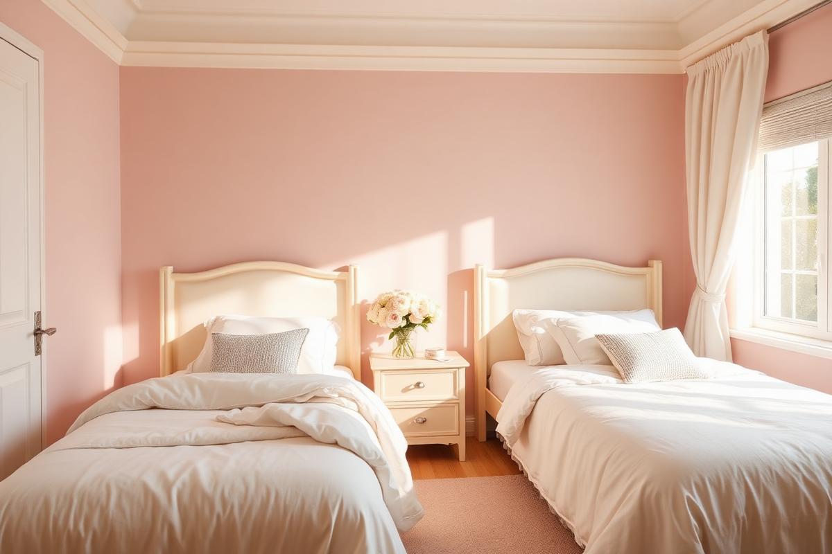 Quarto feminino acolhedor com tons suaves