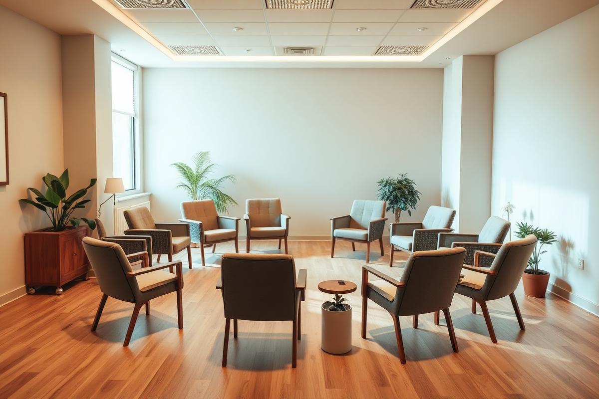 Sala de terapia em grupo com cadeiras em círculo